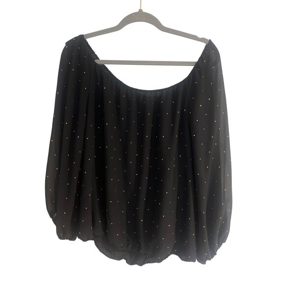Holiday blouse Vince camuto womens L black with rhinestone detail. Elastic neck - Picture 1 of 8